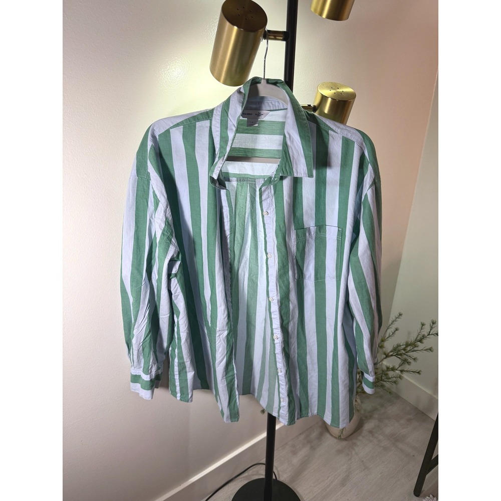 Old Navy Oversized Striped Button Down Shirt Green Blue Cotton Poplin Top